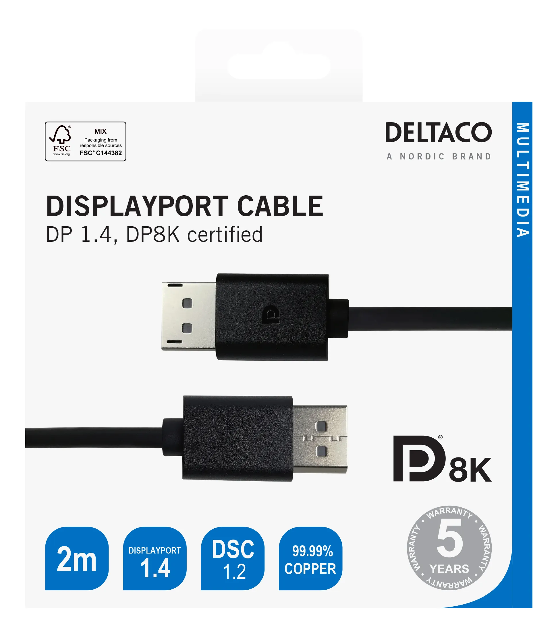 DELTACO DisplayPort 1.4 cable, 8K, 2 m, Black