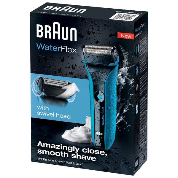 BRAUN PARRANAJOKONE WaterFlex WF2s Blue. Wet&amp;Dry. Voidaan k&auml;ytt&auml;&auml; my&ouml;s suihkussa ja partavaahdon kanssa. K&auml;&auml;ntyv&auml; ajop&auml;&auml; mukautuu t&auml;ydellisesti kasvojen muotoih