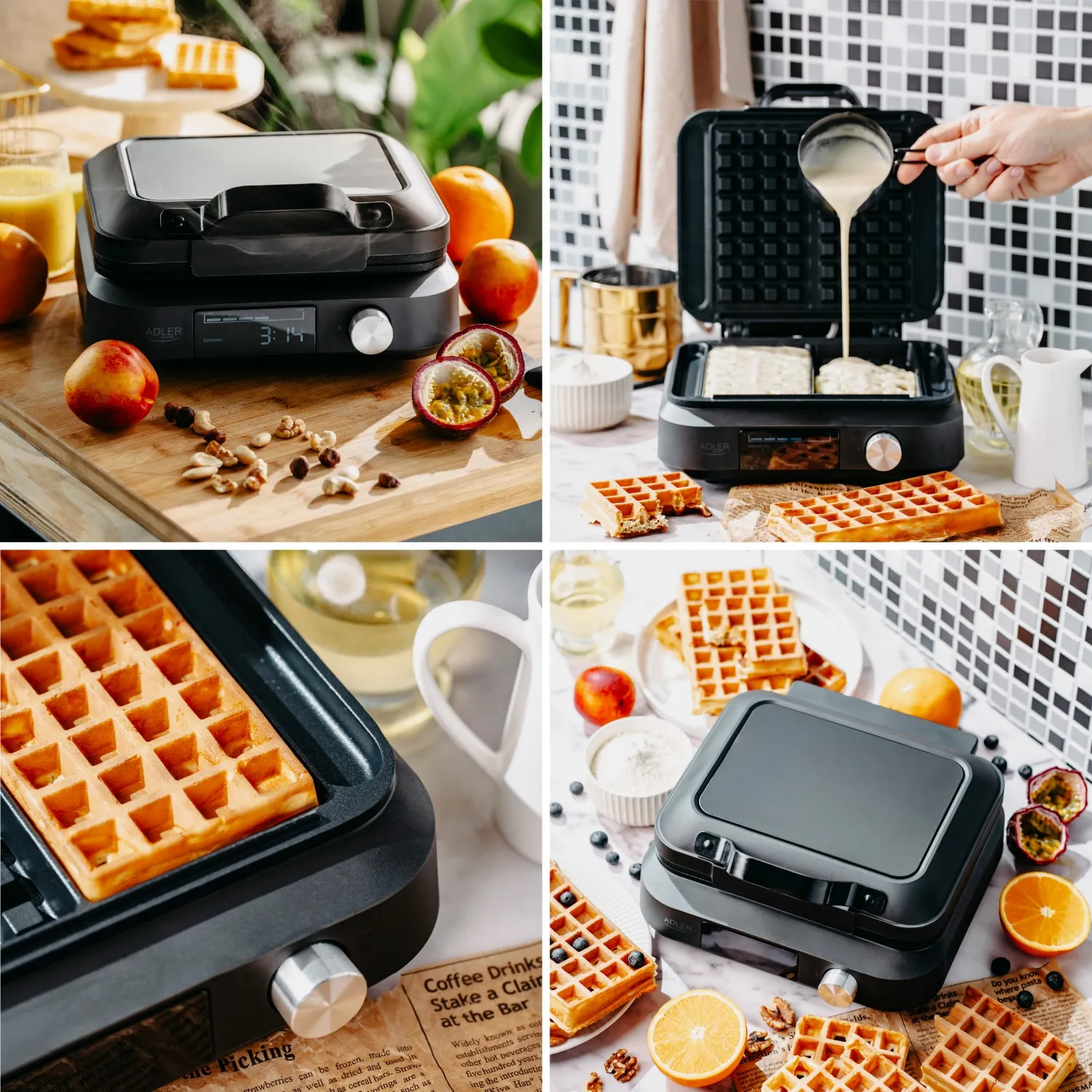 Adler AD 3087 Belgian Waffle Maker, 2 Waffles, 2200 W, Black