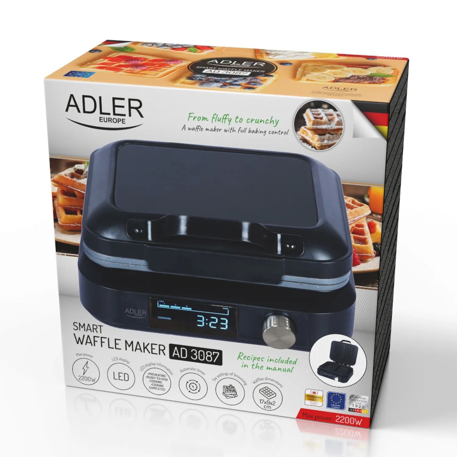Adler AD 3087 Belgian Waffle Maker, 2 Waffles, 2200 W, Black