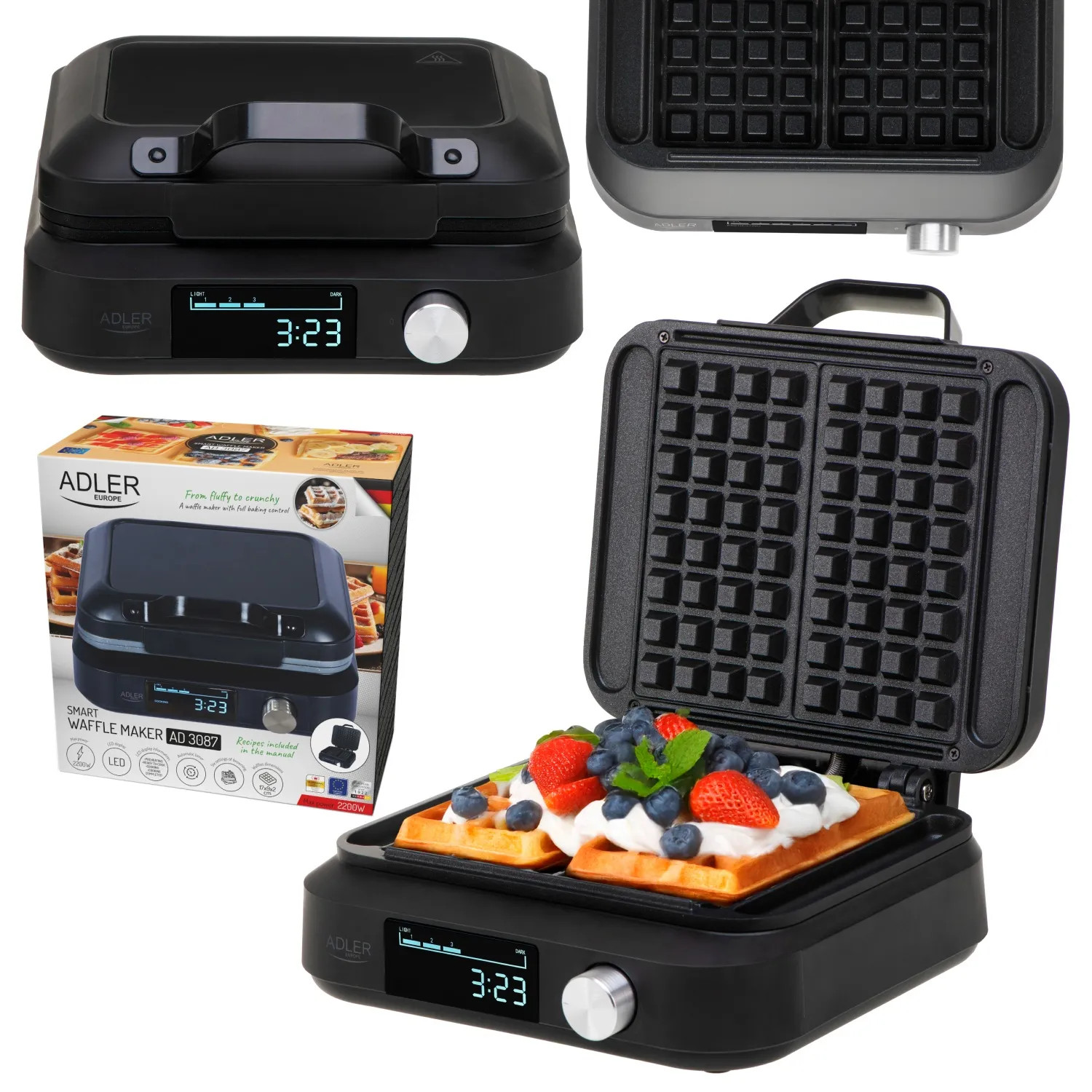 Adler AD 3087 Belgian Waffle Maker, 2 Waffles, 2200 W, Black