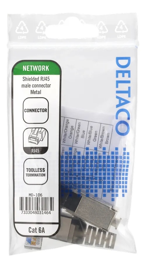 DELTACO RJ45 kontaktdon Cat6A, skärmad, verktygsfri, metall
