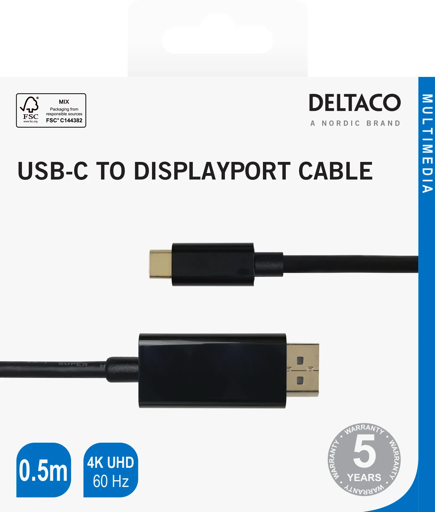 Deltaco USB-C / DisplayPort-kaapeli, 4K UHD@60Hz, 0,5 m, musta
