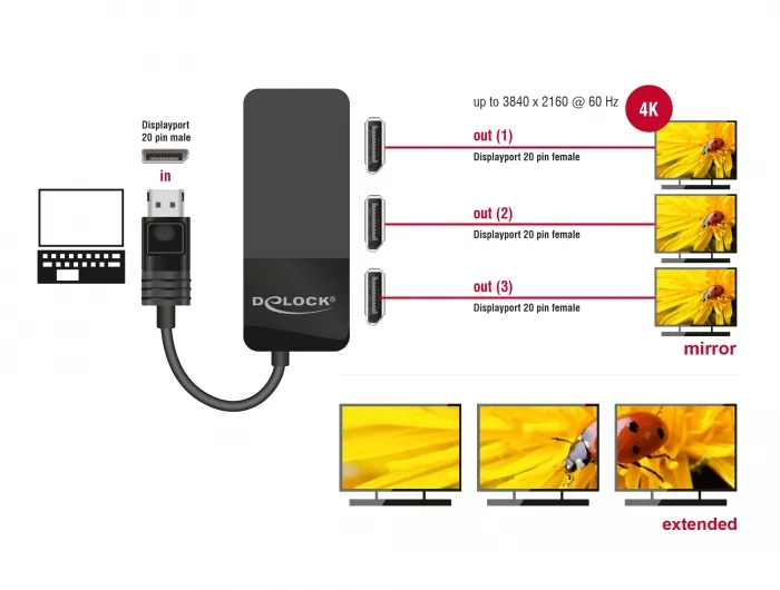 DisplayPort 1.4 Splitter 1 x DisplayPort in &gt; 3 x DisplayPort out