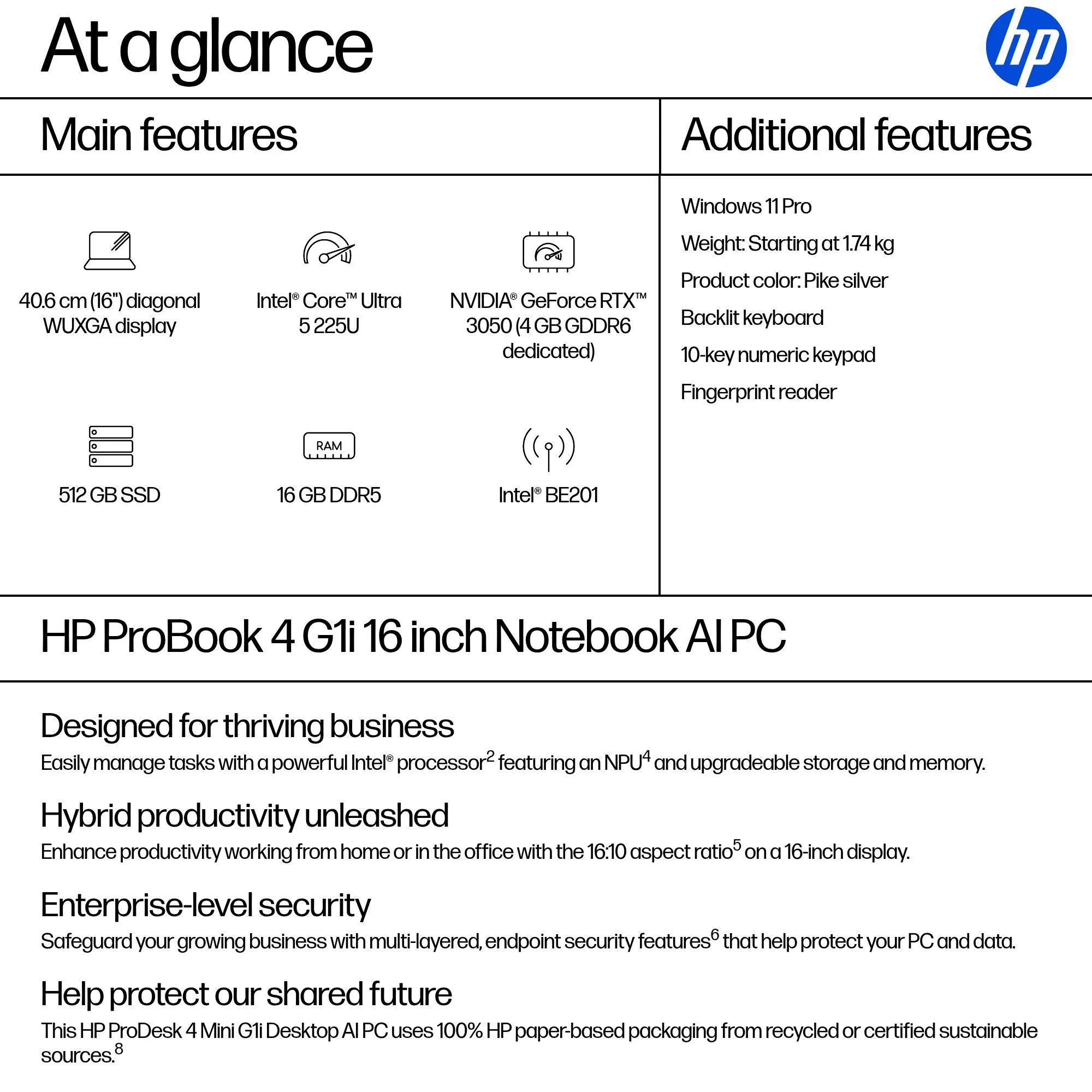HP ProBook 4 G1i 16" Ultra 5 225U, 16GB, 512GB, Win 11 Pro - Notebook, Silver