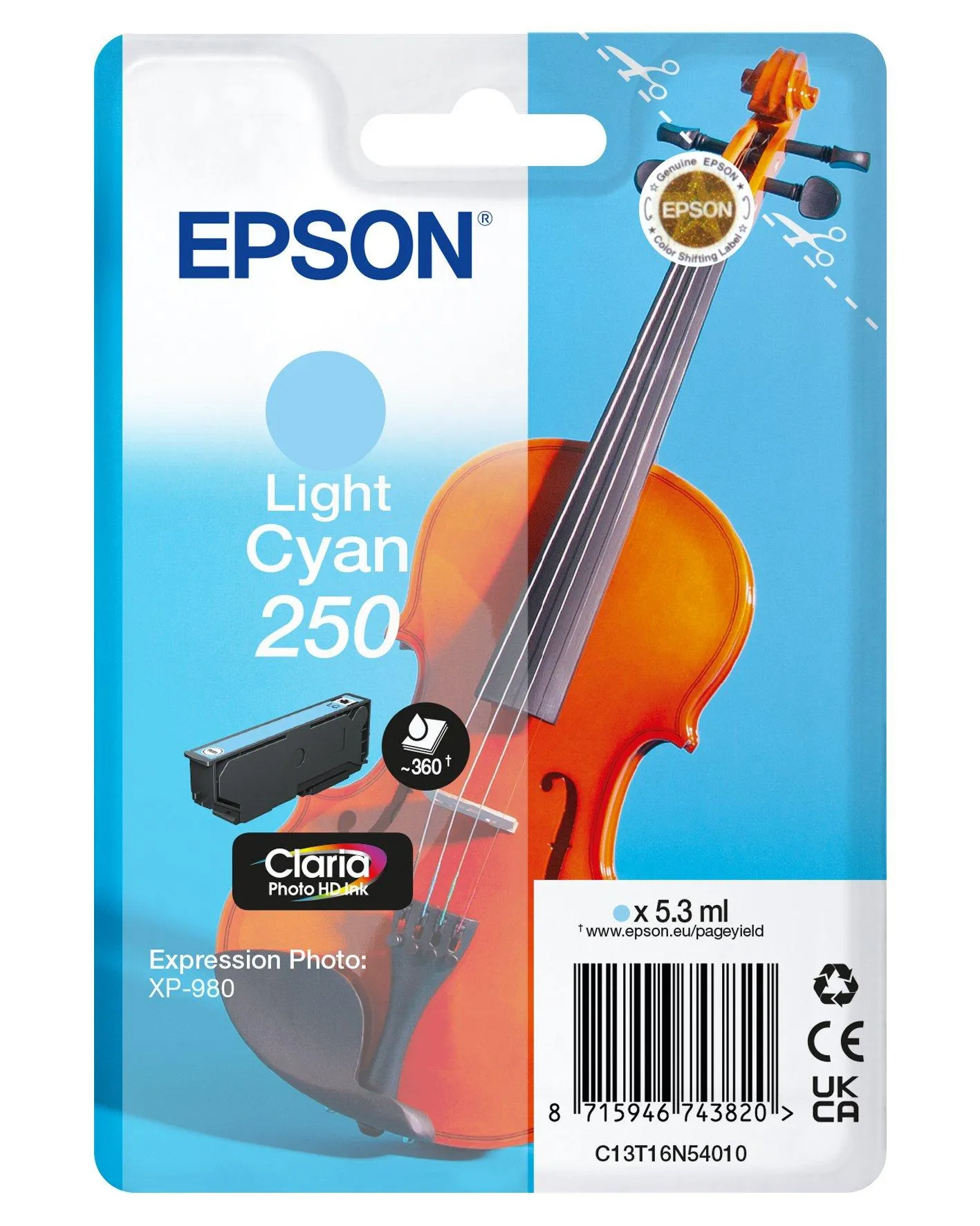 Epson 250 -mustekasetti, 5.3 ml, vaaleansyaani