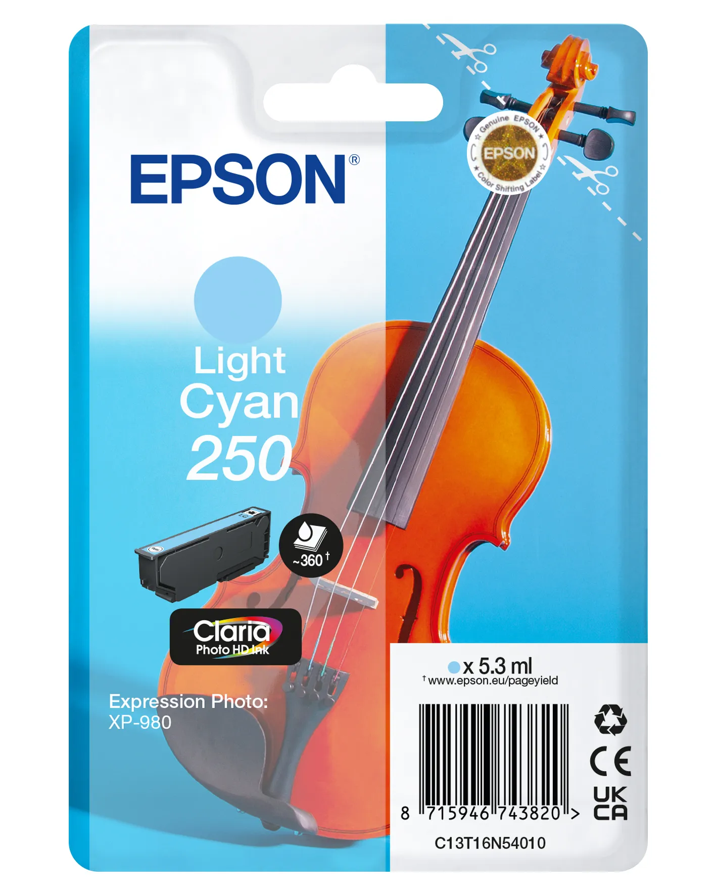 Epson 250 -mustekasetti, 5.3 ml, vaaleansyaani