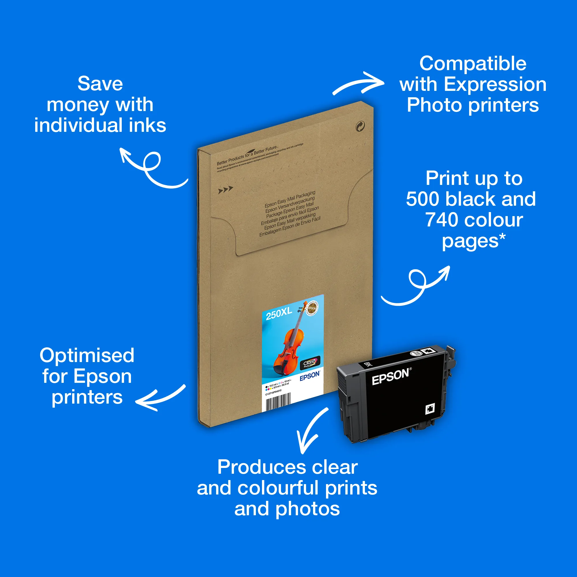 Epson 250XL kit med bl&auml;ckpatroner, svart/gul/cyan/magenta/ljuscyan/ljusmagenta, 6 st