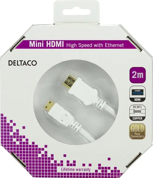 DELTACO HDMI-kaapeli, v1.4+Ethernet, 19-pin ur-Mini ur, 1080p,valko 2m