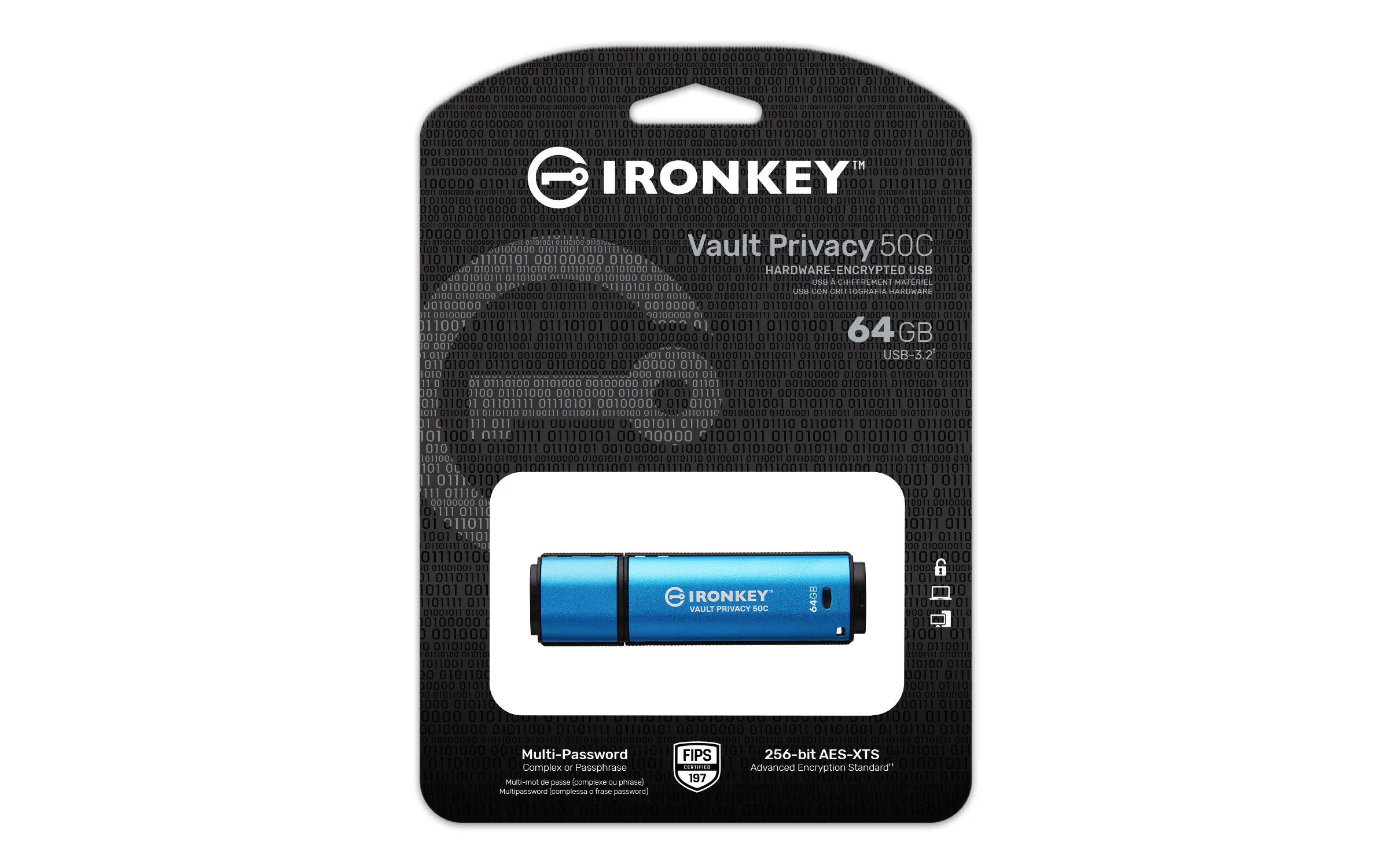 Kingston IronKey Vault Privacy 50C 64GB USB-C 3.2 Gen 1x1 - memory stick, Black, Blue