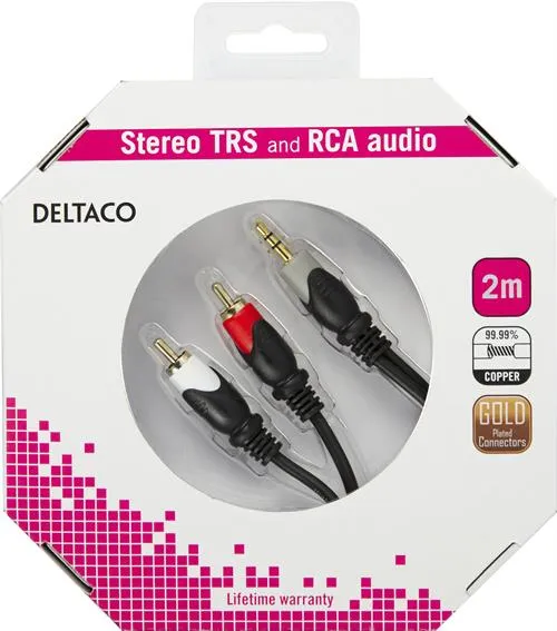 DELTACO &auml;&auml;nikaapeli 3.5mm uros - 2xRCA uros, kullattu, 2m