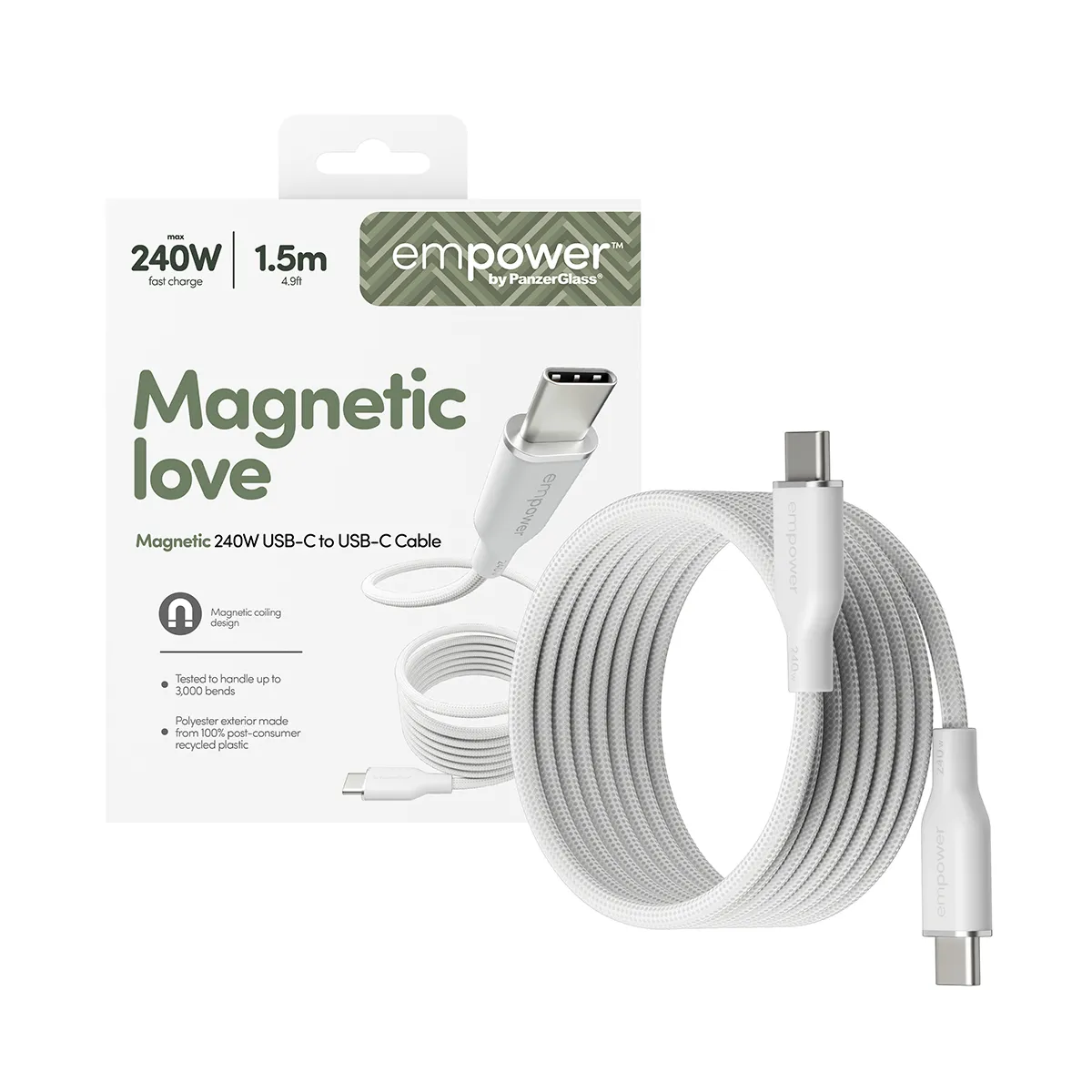 PanzerGlass empower Magnetic USB-C cable, 240W, 1.5 m, Silver White