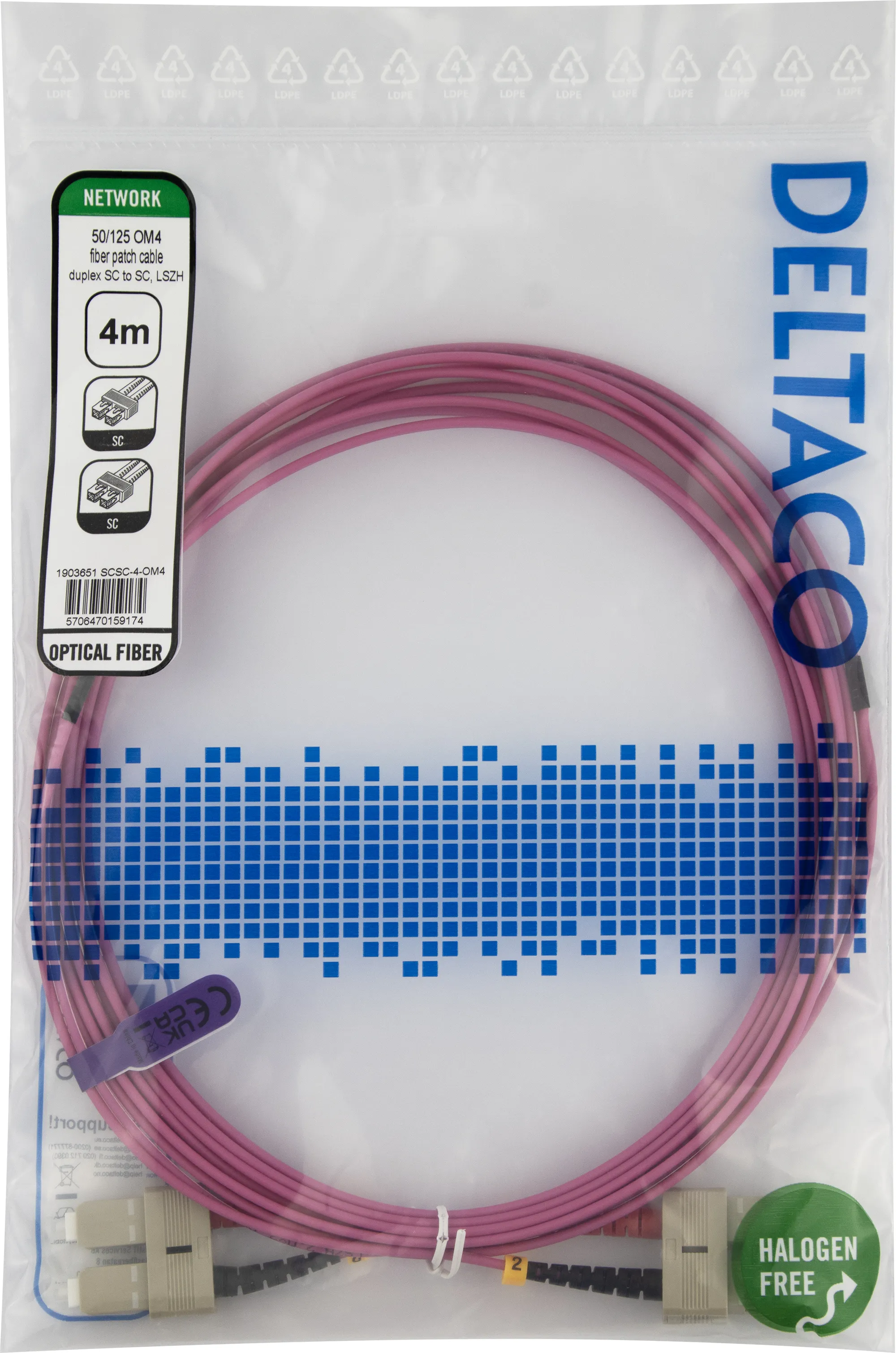 Deltaco OM4 SC-SC 4m -valokuitukaapeli, vaaleanpunainen