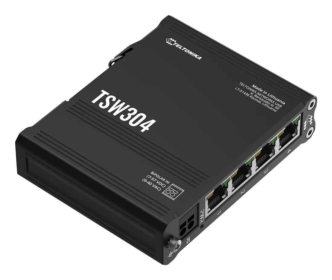 Teltonika TSW304 - Industrial Unmanaged 4-port Gigabit Ethernet Switch, Black