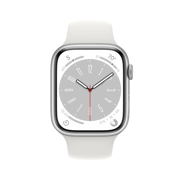 Apple Watch Series 8 GPS, 45mm Silver Aluminium Case with White Sport Band