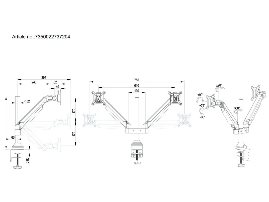Multibrackets Gas Lift Arm I Dual Black