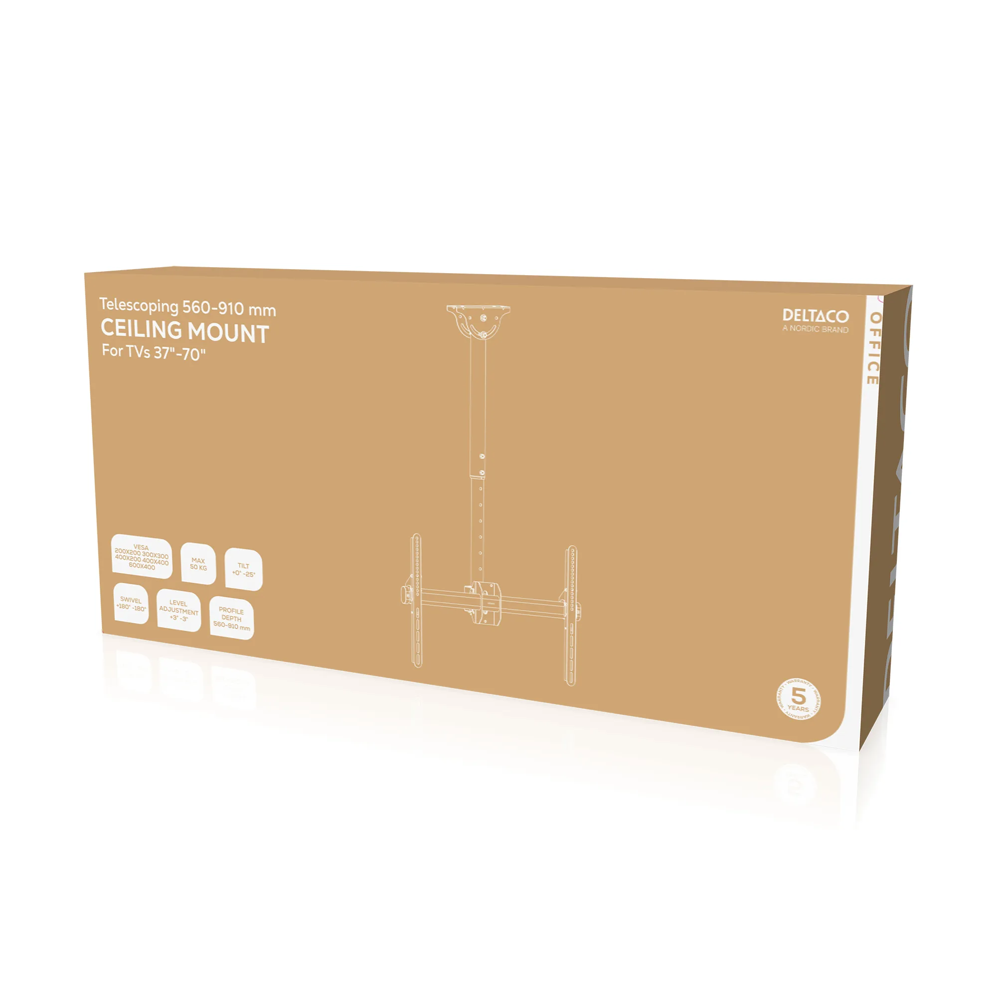 DELTACO Office Telescopic Single TV Ceiling, 560mm-910mm,50kg,37&quot;-70&quot;