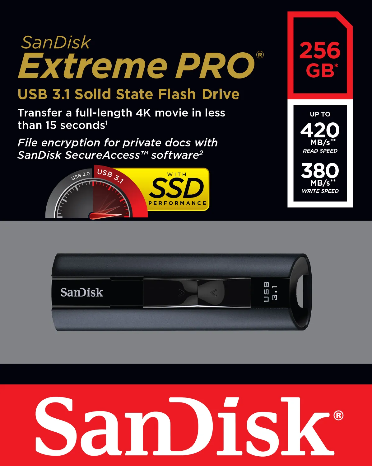 SanDisk 256GB Extreme PRO USB 3.1 - memory stick, Black