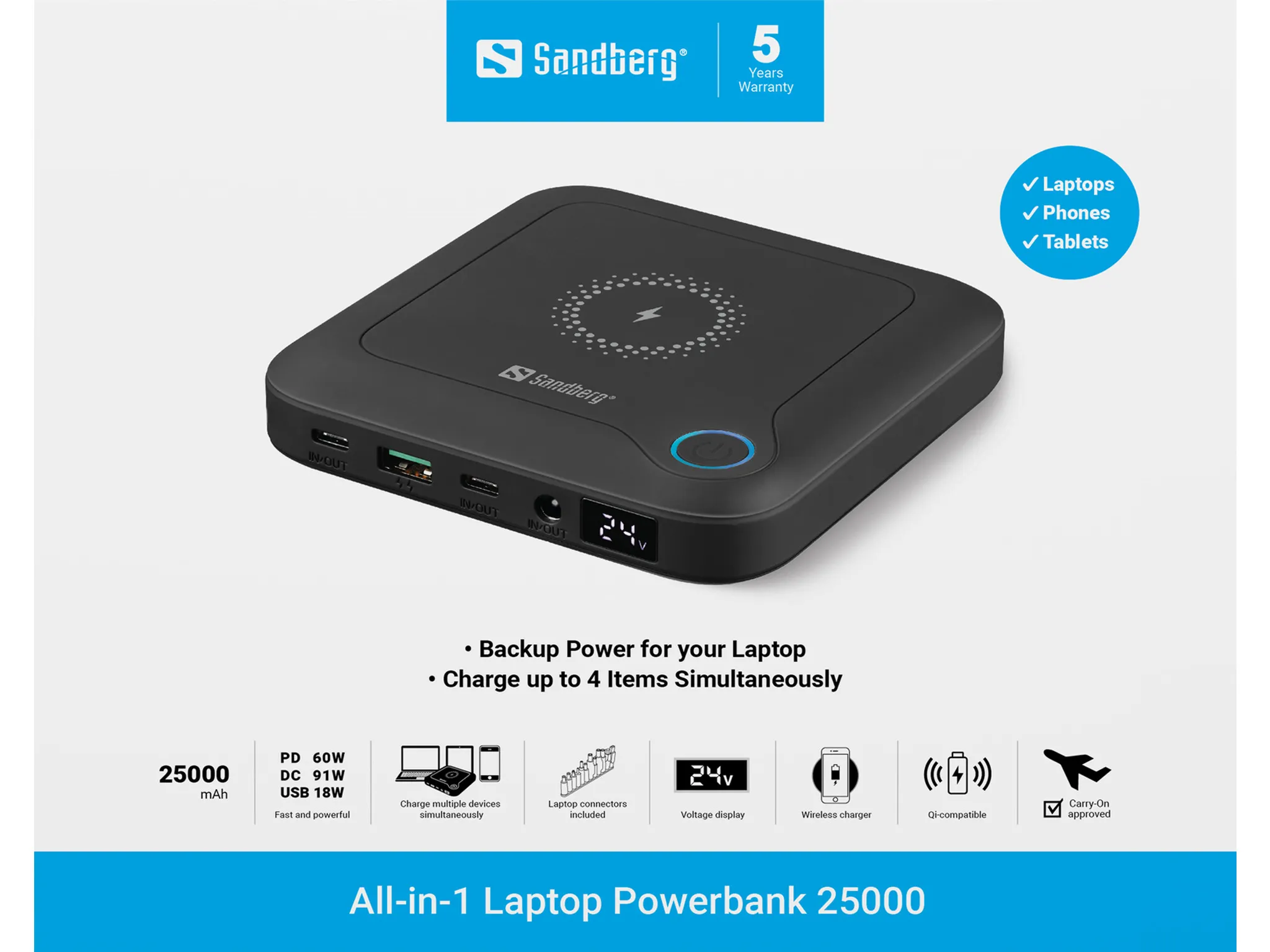SANDBERG All-in1 Laptop 25000 mAh, 60W, 45W, 18W, 15W - powerbank, Black