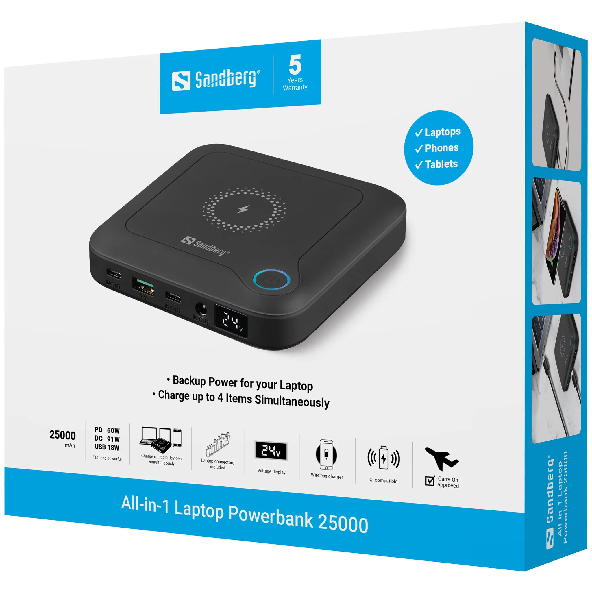 SANDBERG All-in1 Laptop 25000 mAh, 60W, 45W, 18W, 15W - powerbank, Black