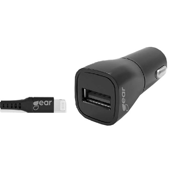 GEAR Laturi 12-24V 1xUSB 2,4A Musta Lightning Johto 1m MFI C89