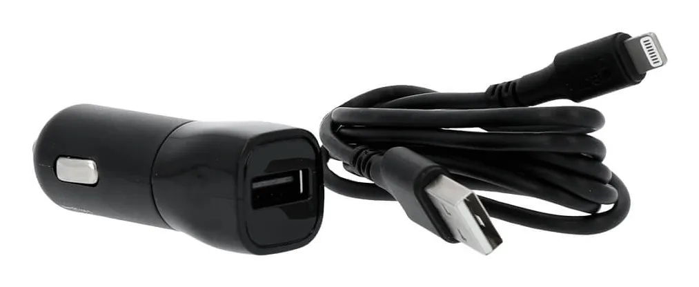 GEAR Laturi 12-24V 1xUSB 2,4A Musta Lightning Johto 1m MFI C89