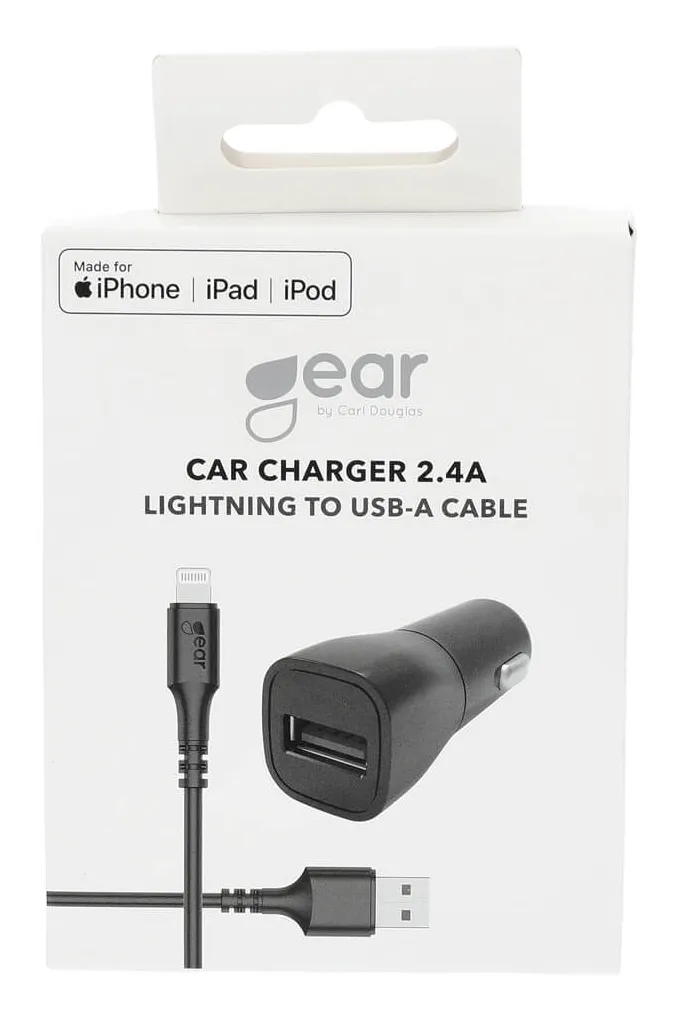 GEAR Laturi 12-24V 1xUSB 2,4A Musta Lightning Johto 1m MFI C89