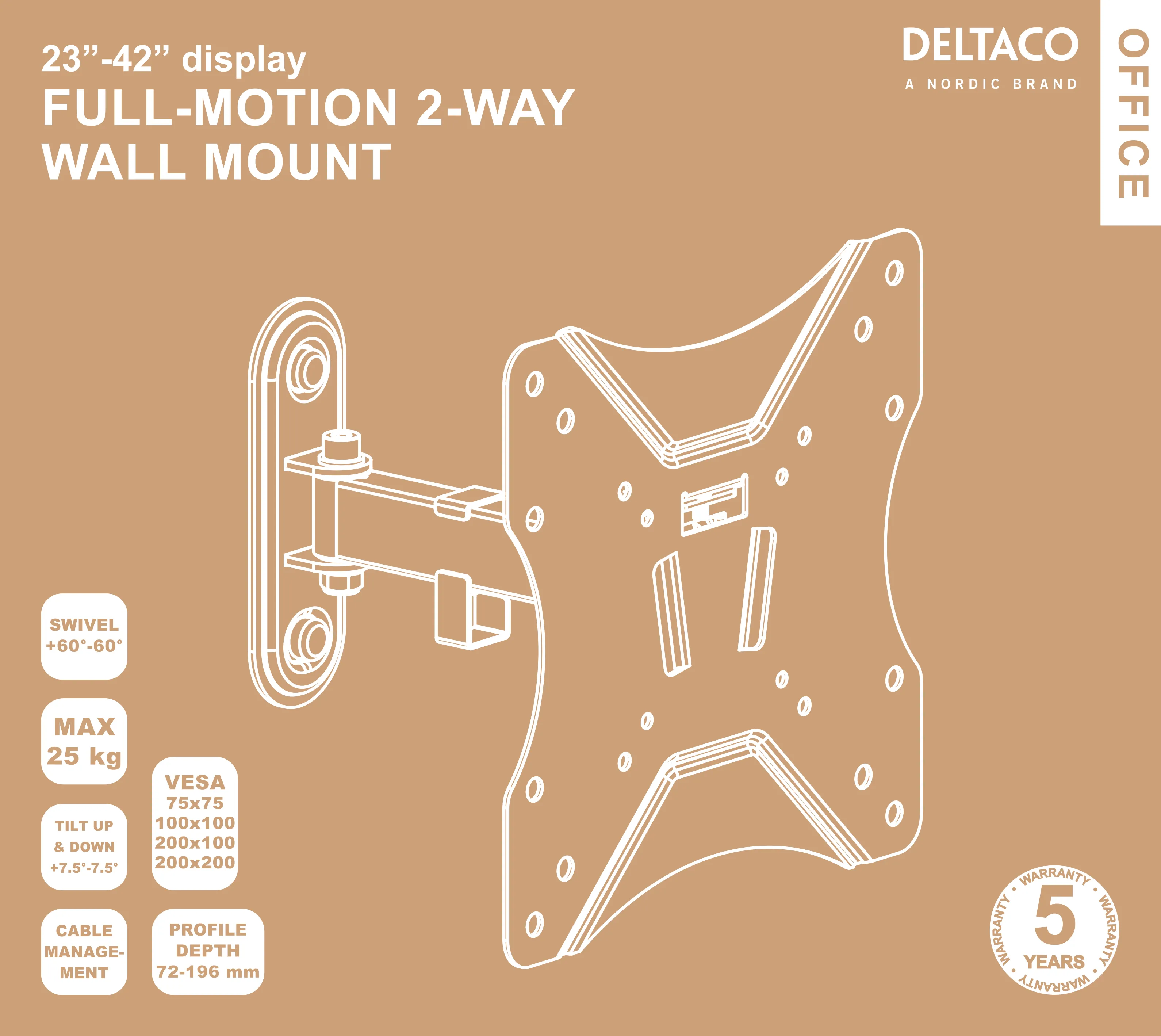 DELTACO Office, full-motion 2-way wall, 23&quot;-42&quot;, 25kg, 75x75-200-200
