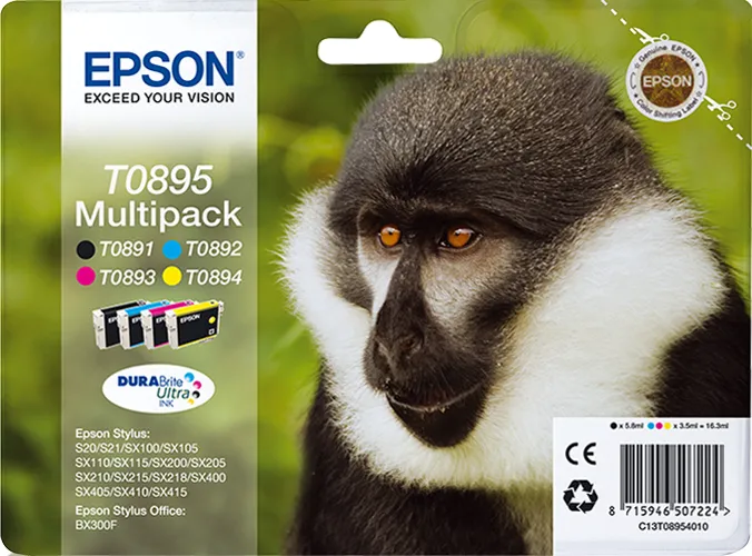 Epson T0895 Multipack - Kasetti tulostimelle - 1 x musta, keltainen, sinivihreä, magenta - kuplapakkaus malleihin Stylus S21, SX100, SX105, SX115, SX215, SX218,