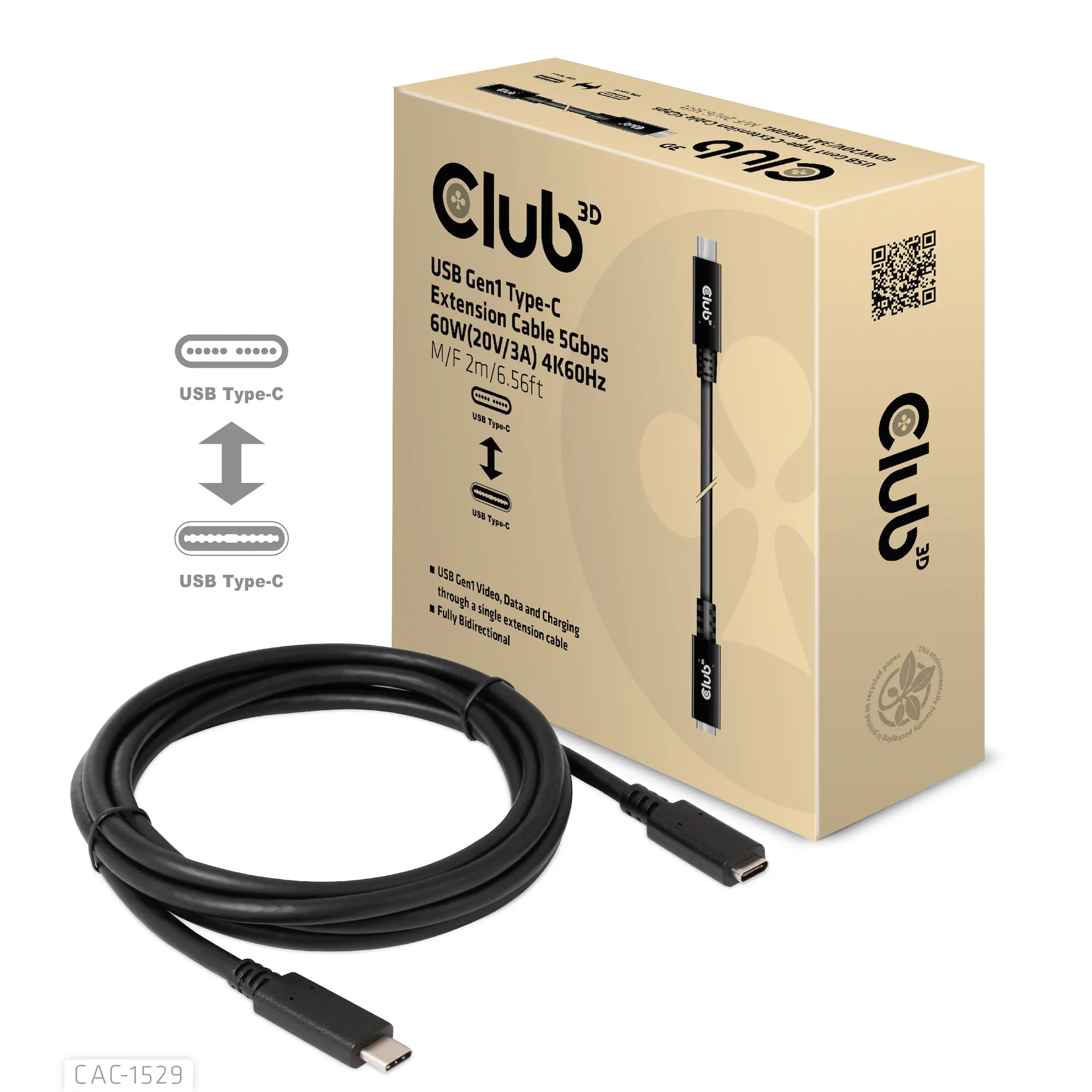Club 3D 3.1 Gen1 USB-C, PD3.0 3A 60W -jatkokaapeli, Musta, 1m