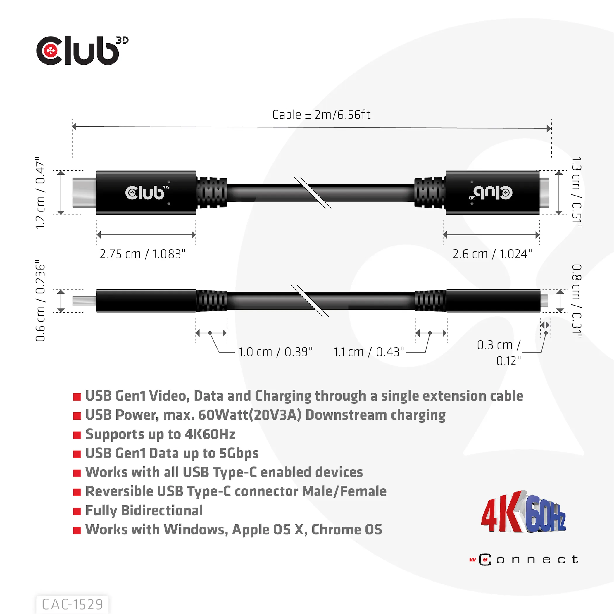 Club 3D 3.1 Gen1 USB-C, PD3.0 3A 60W -jatkokaapeli, Musta, 1m