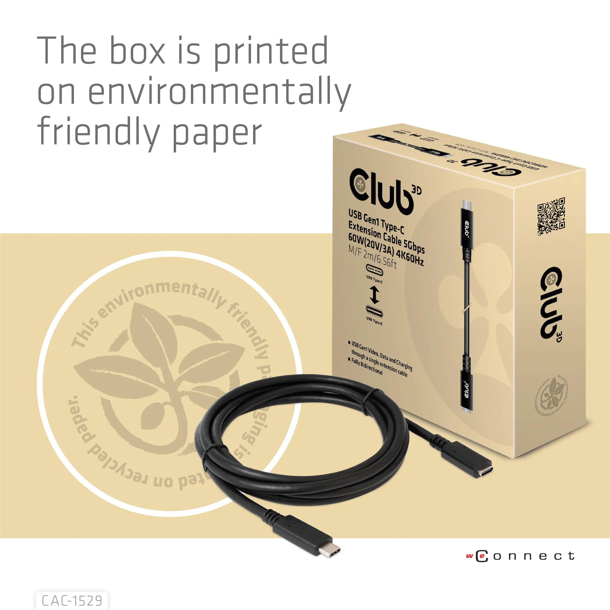 Club 3D 3.1 Gen1 USB-C, PD3.0 3A 60W -jatkokaapeli, Musta, 1m