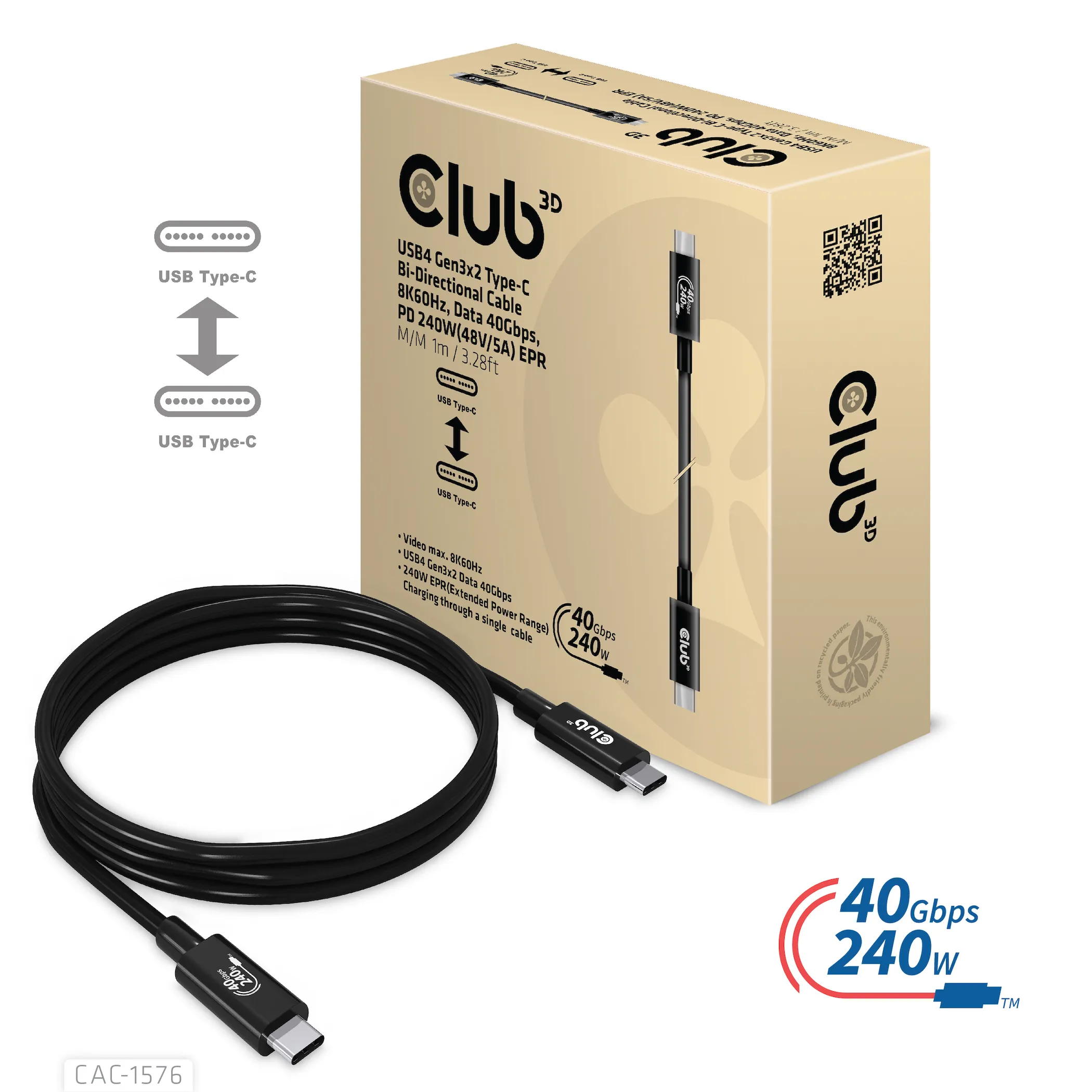 Club 3D USB4-C Gen3x2, 40Gbps, PD3.1 5A 240W - kabel, Svart, 1m
