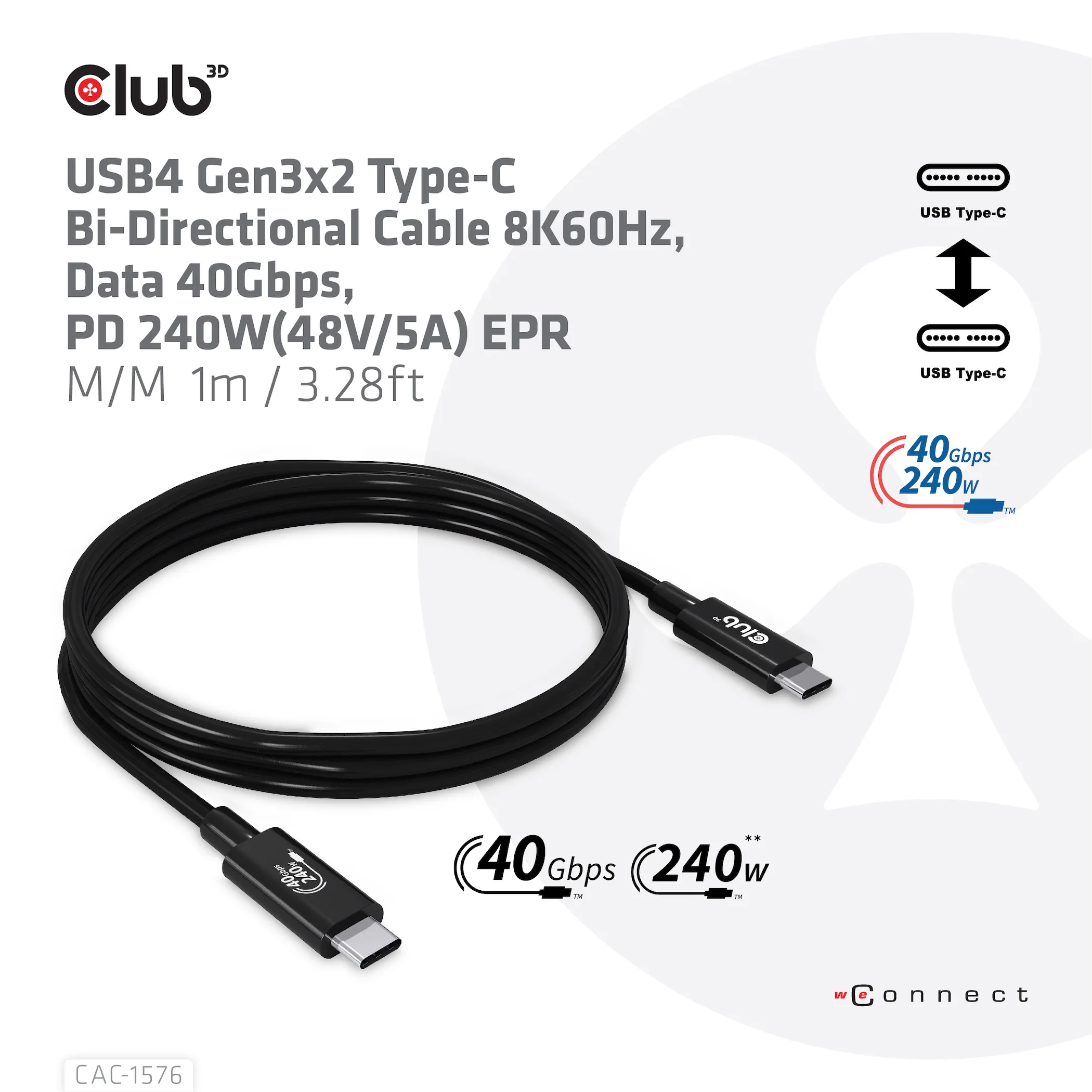 Club 3D USB4-C Gen3x2, 40Gbps, PD3.1 5A 240W - kabel, Svart, 1m