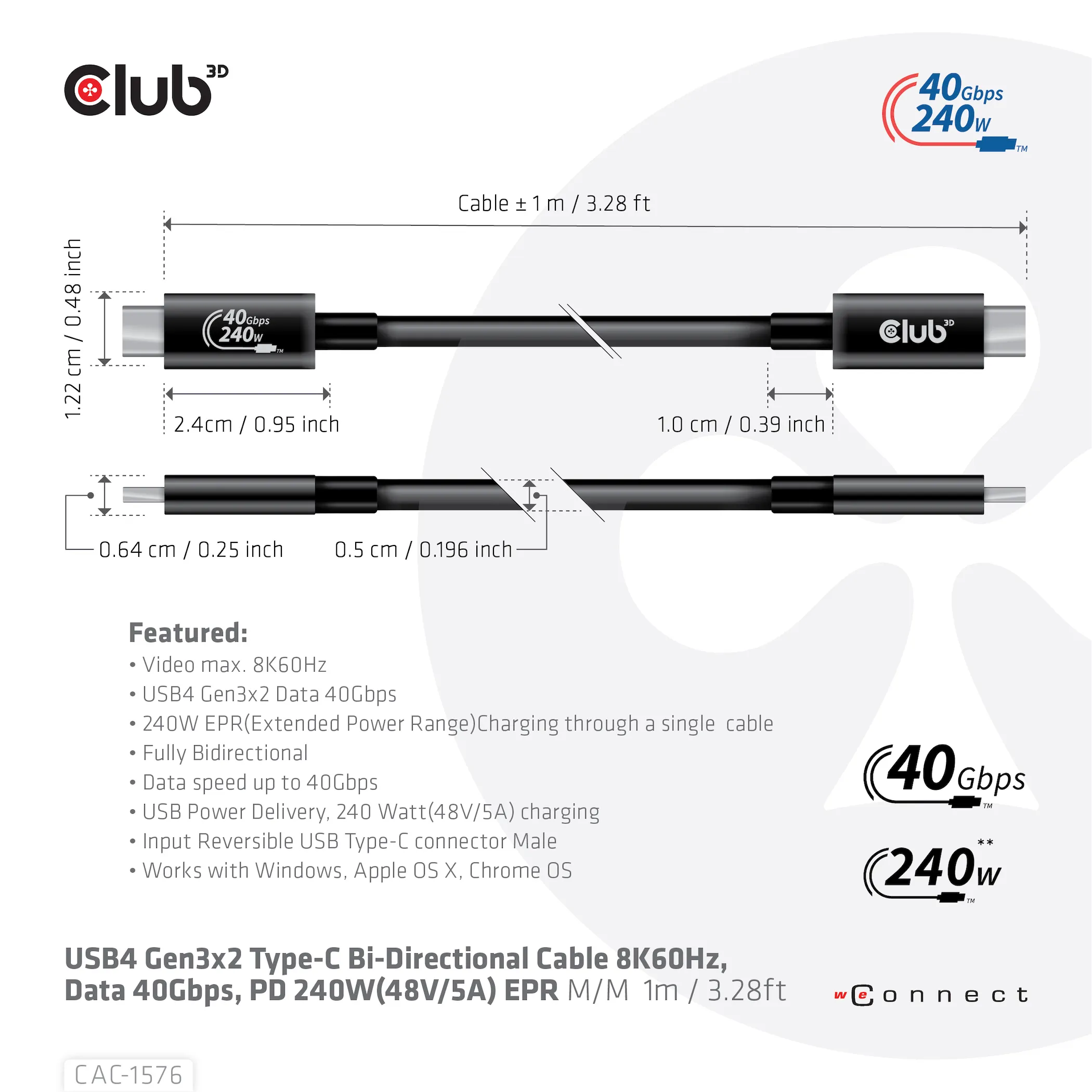 Club 3D USB4-C Gen3x2, 40Gbps, PD3.1 5A 240W - kabel, Svart, 1m