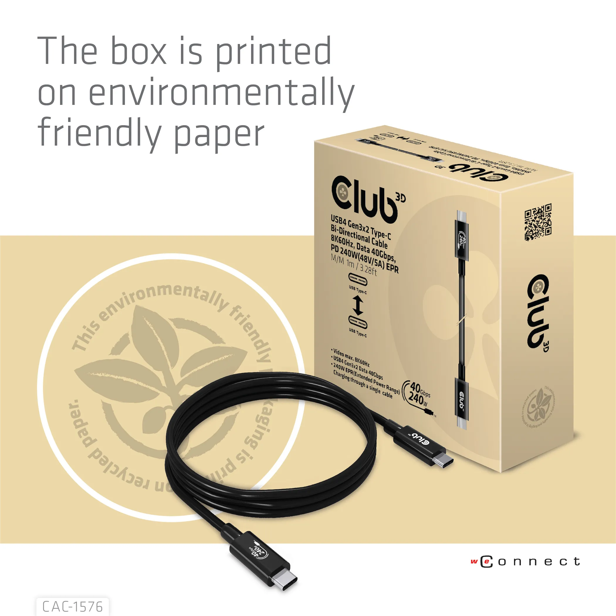 Club 3D USB4-C Gen3x2, 40Gbps, PD3.1 5A 240W - kabel, Svart, 1m