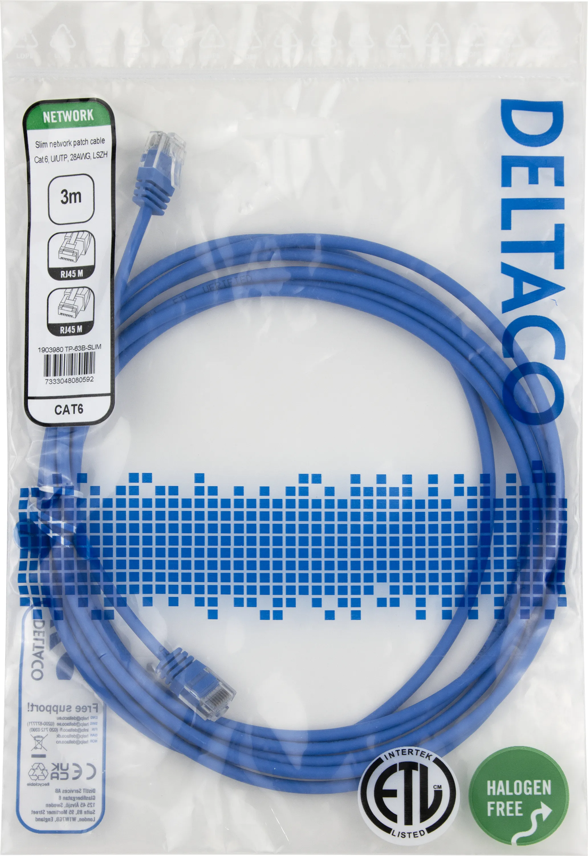Deltaco Cat6 UTP RJ45 3m -verkkokaapeli, sininen