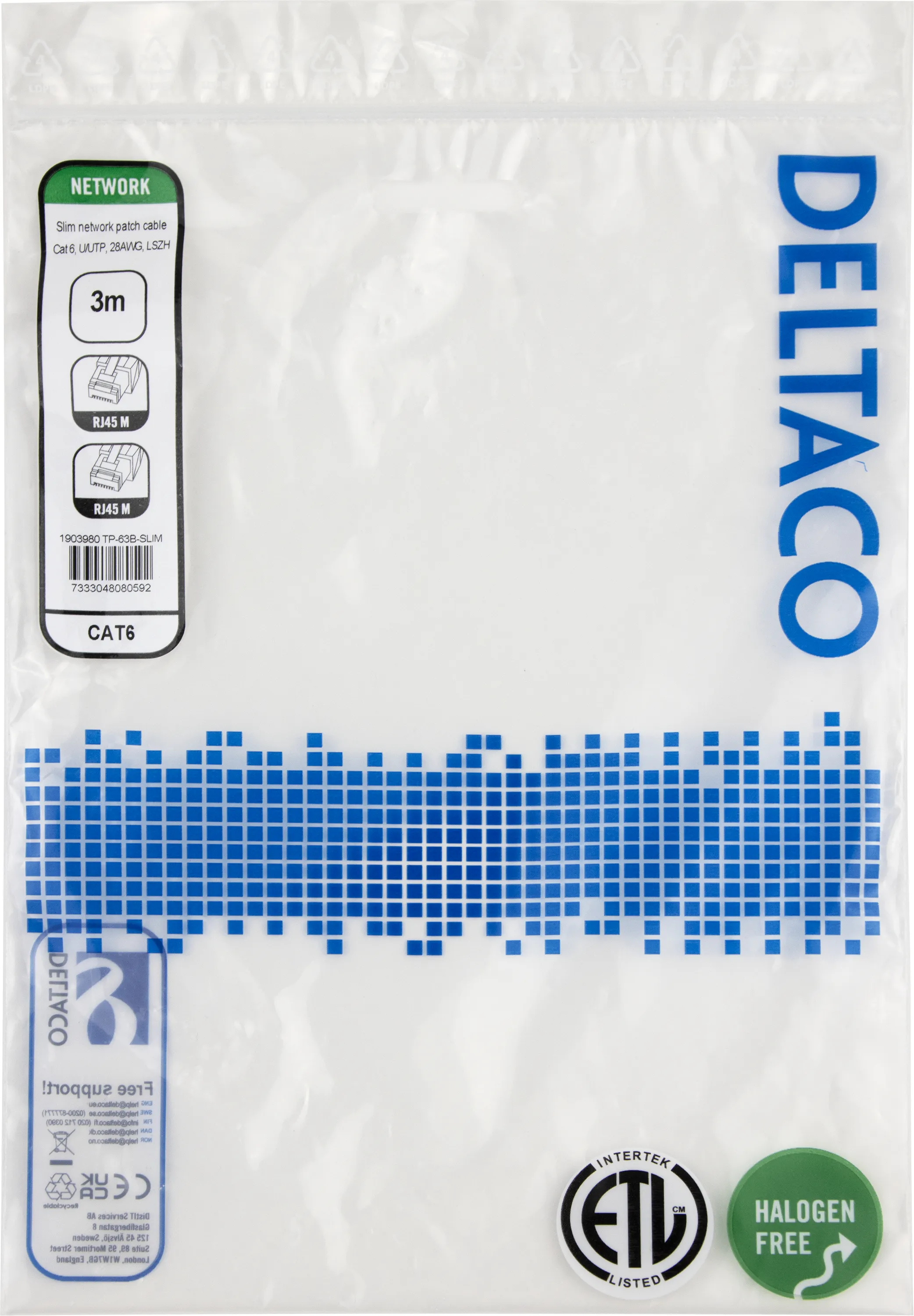 Deltaco Cat6 UTP RJ45 3m -verkkokaapeli, sininen