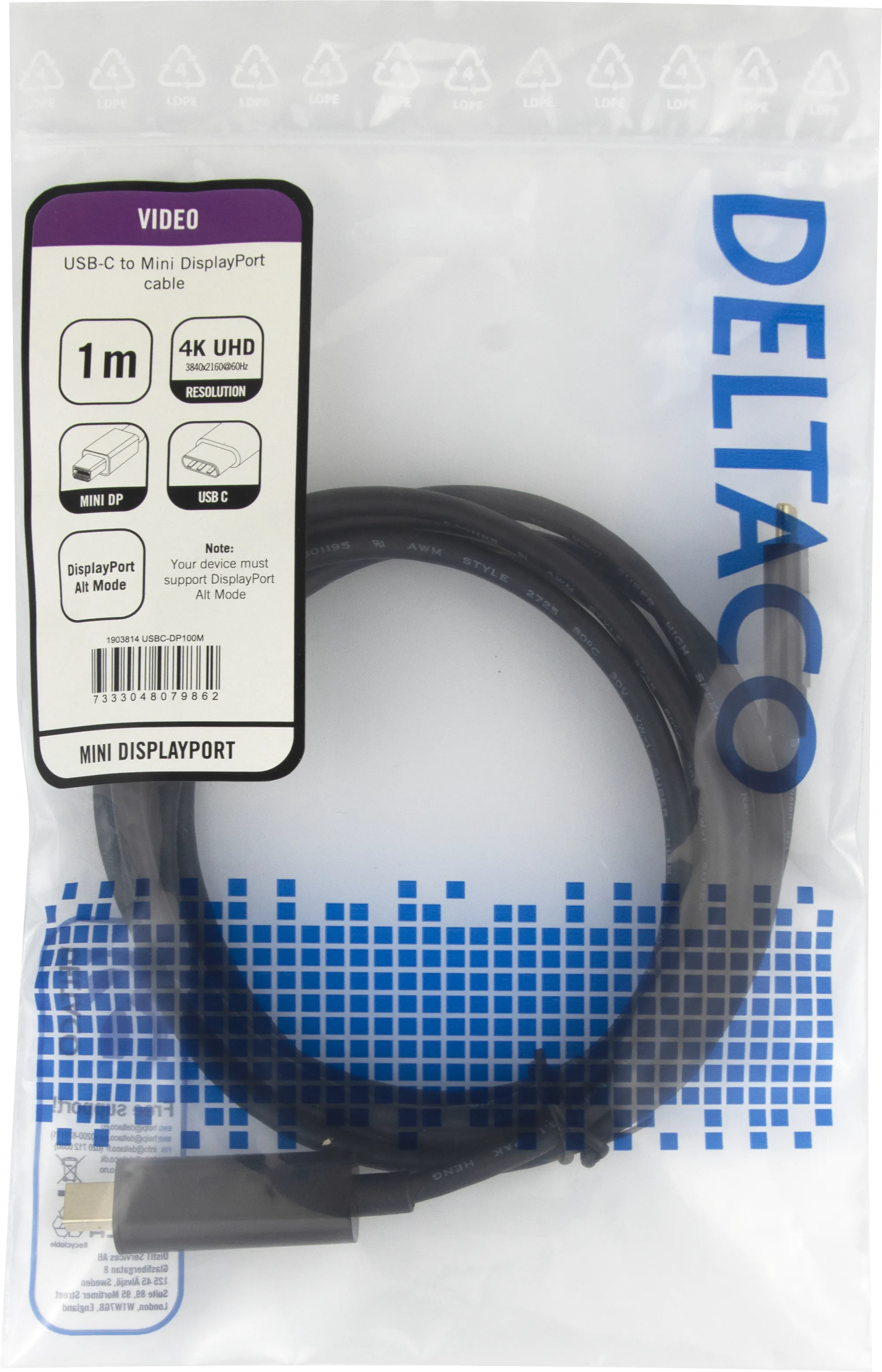 Deltaco USB-C &ndash; Mini DisplayPort cable, 4K, 1 m, Black