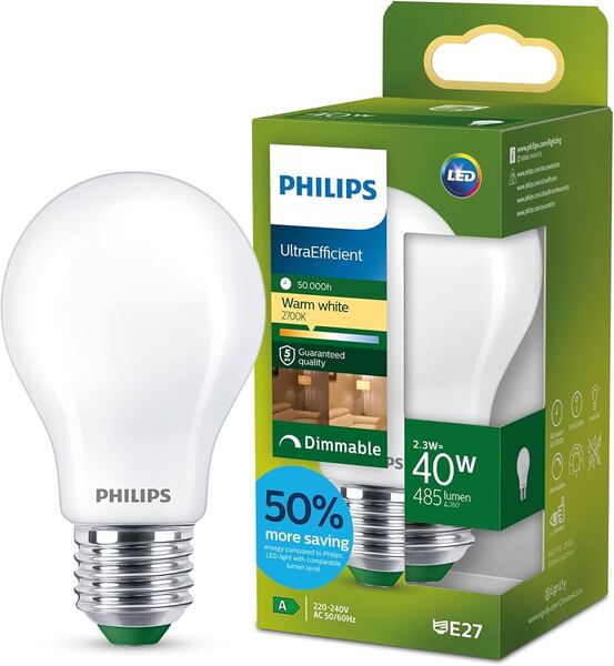 Philips UltraEfficient LED-lampa 40W (E27) A60 Frostad 2700K 2,3W 485lm
