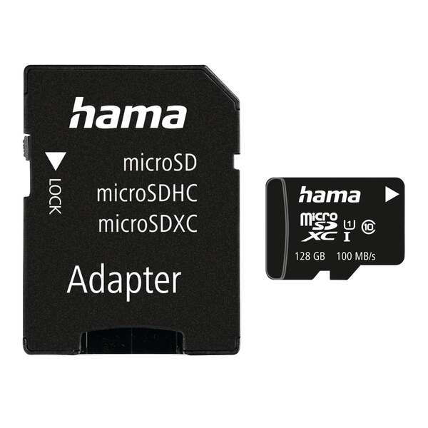 Hama 128 Gt MicroSDXC Class 10 UHS-I V10 -muistikortti + SD-adapteri, musta