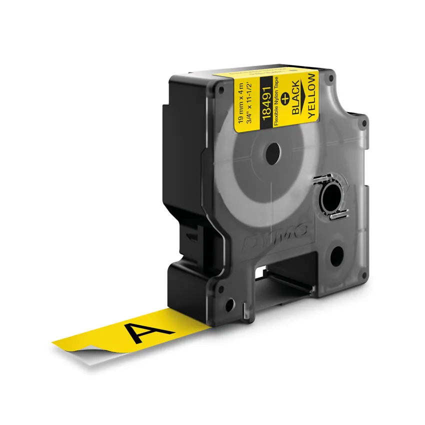 DYMO RhinoPRO m&auml;rktejp flex nylon 19mm, svart p&aring; gult