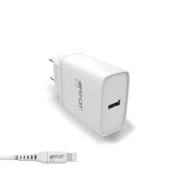 GEAR Laturi 220V 1xUSB 2,4A Valkoinen Lightning Johto 1m MFI C89