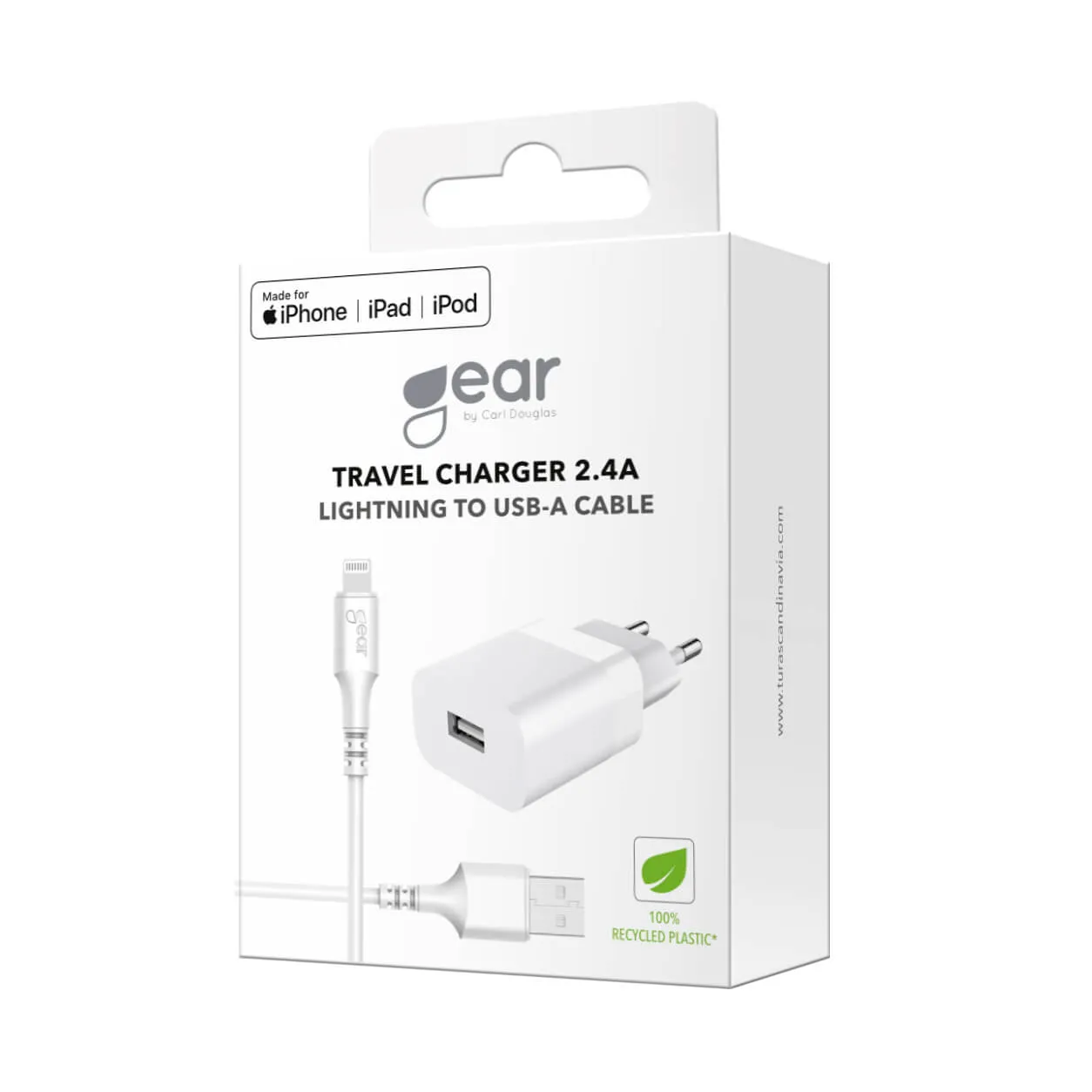 GEAR Laturi 220V 1xUSB 2,4A Valkoinen Lightning Johto 1m MFI C89