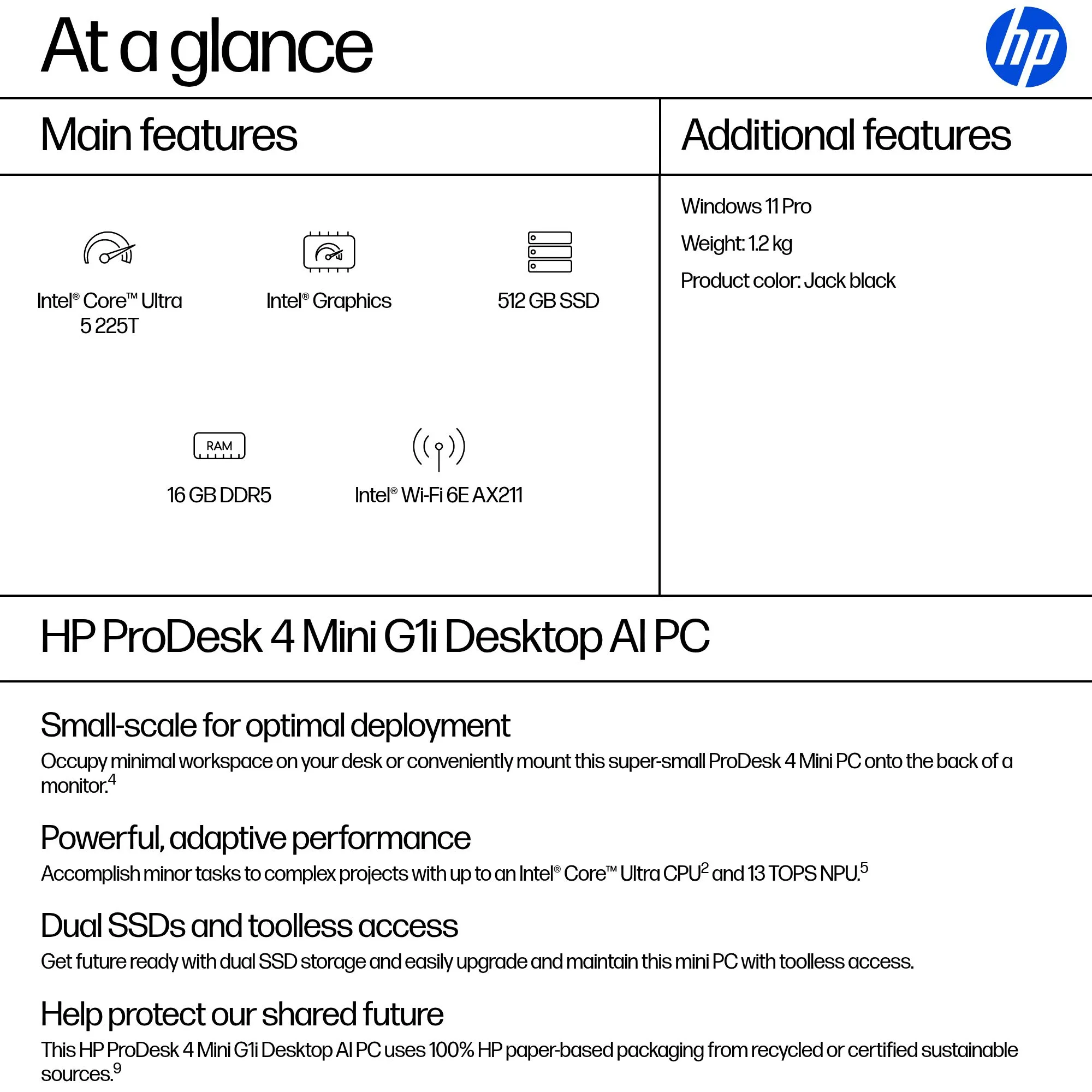 HP ProDesk 4 Mini G1i Intel Core Ultra 5 225T, 16 Gt, 512 Gt, Win 11 Pro -minitietokone, musta