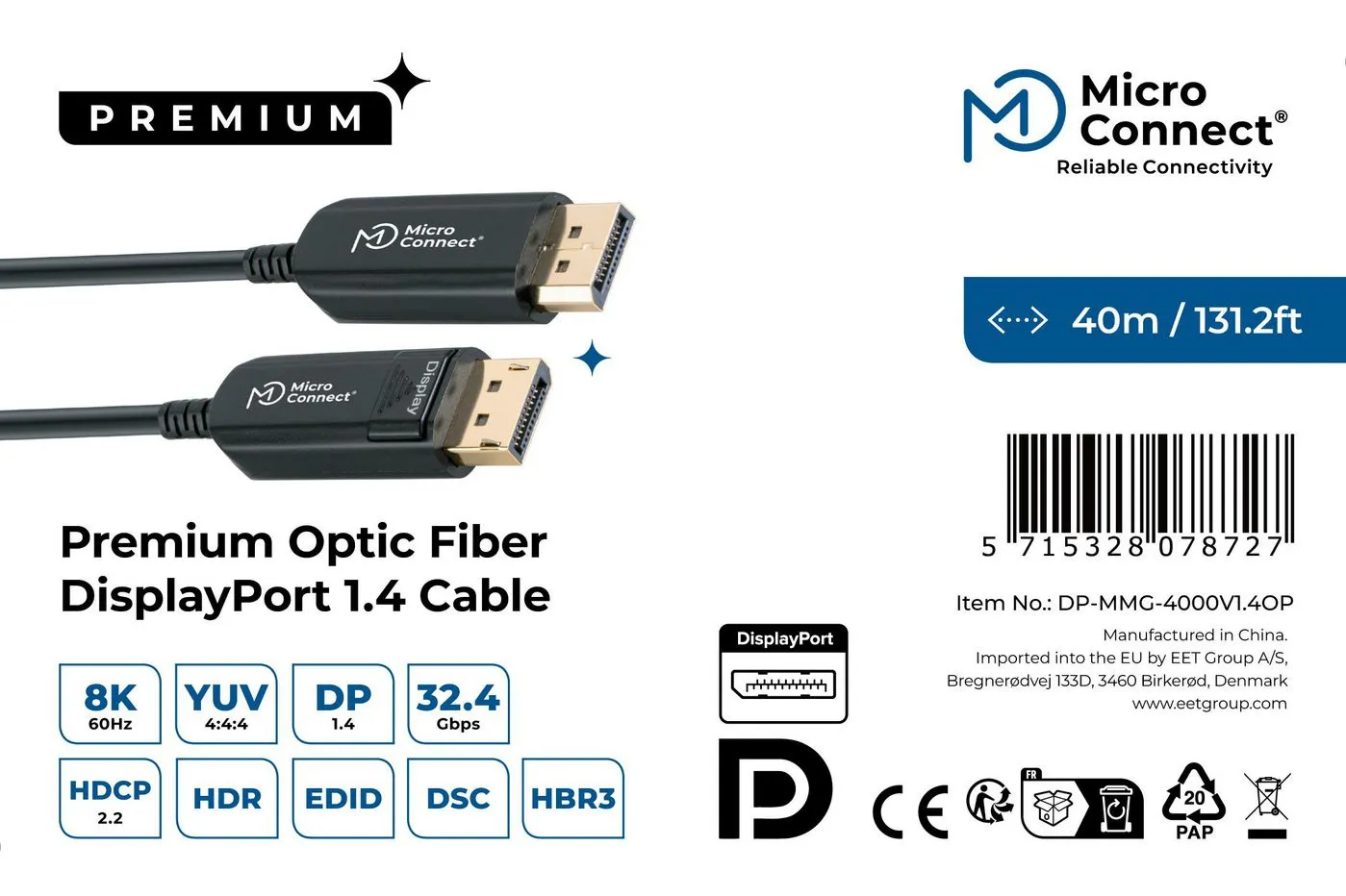 MicroConnect DisplayPort 1.4 Optical Fiber -kaapeli, jossa 8K, 40 m, musta