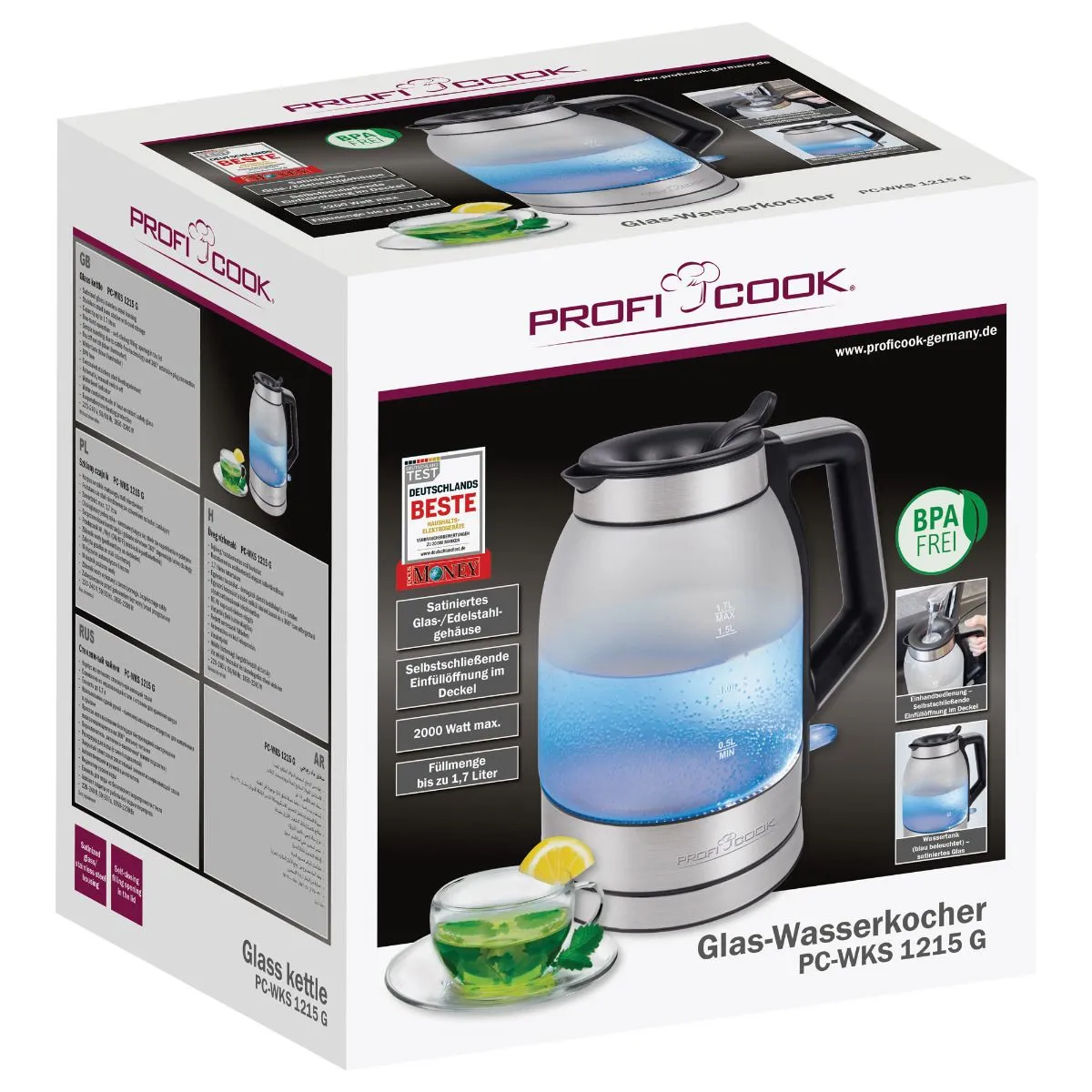 ProfiCook PC-WK 1215 G vattenkokare, 1,7 l, 2200 W, genomskinlig