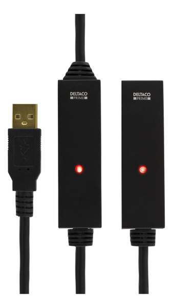 DELTACO PRIME aktiiv. USB 2.0 -jatkokaapeli, 25m, virtasovitin, musta
