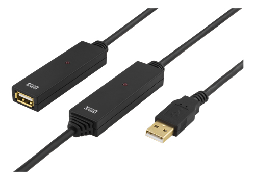 DELTACO PRIME USB 2.0 f&ouml;rl&auml;ngningskabel, aktiv, 25m, n&auml;tadapter, svart