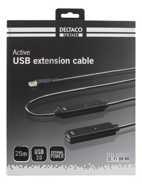 DELTACO PRIME USB 2.0 f&ouml;rl&auml;ngningskabel, aktiv, 25m, n&auml;tadapter, svart